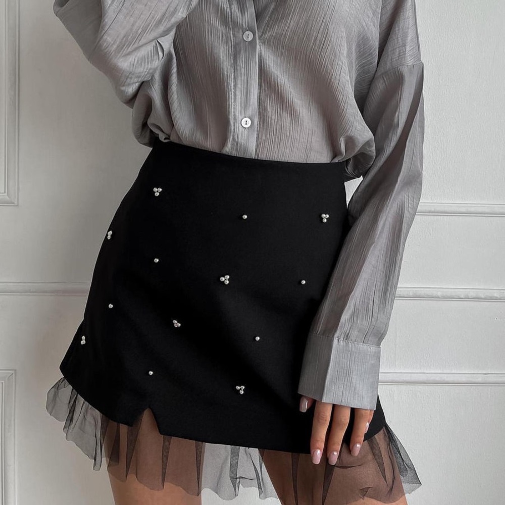 Commense • Beaded Tulle Trim A Line Skirt